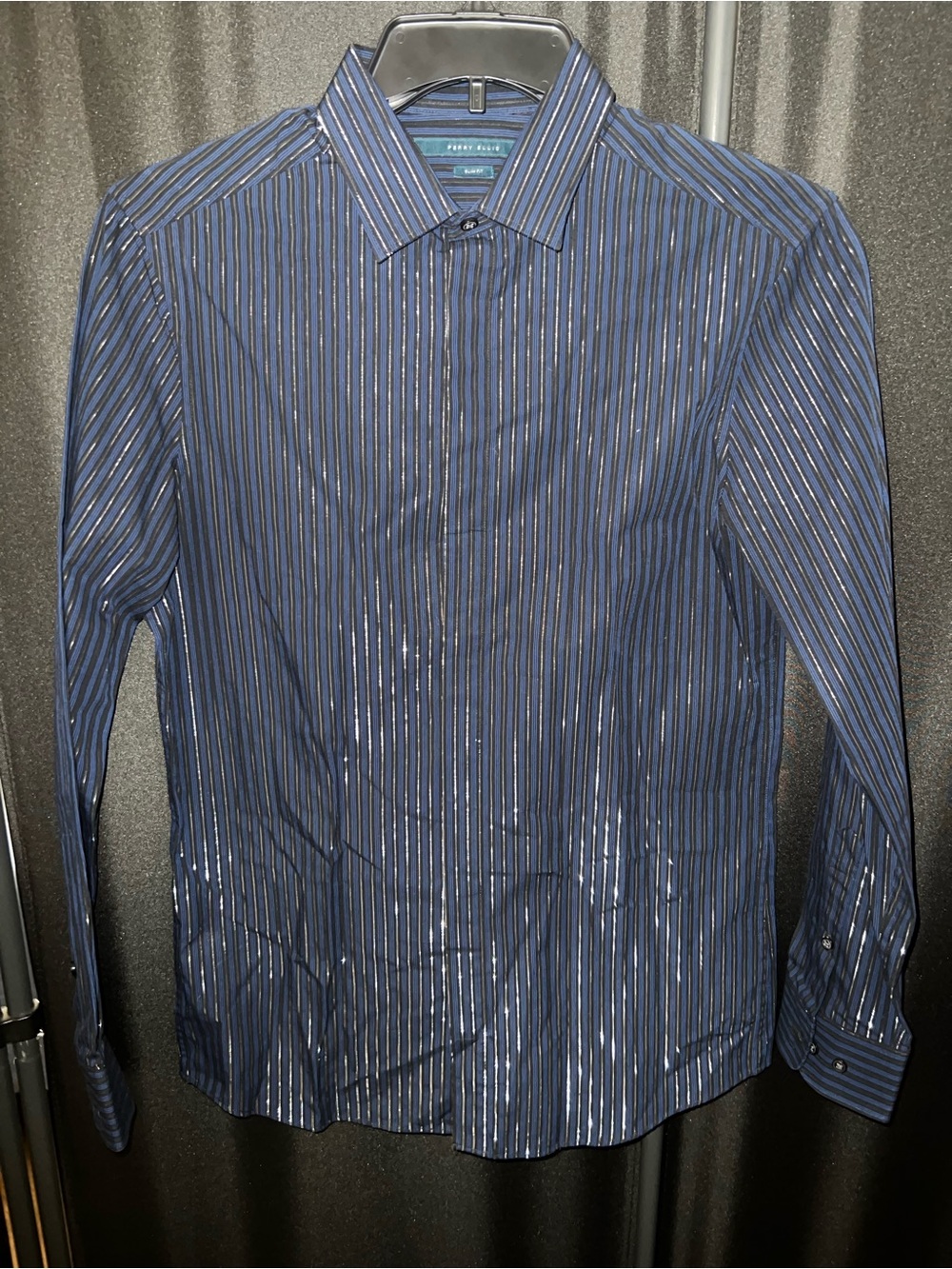 Perry Ellis Indigo Blue and Silver Sparkle Vertical Stripe Dress Shirt